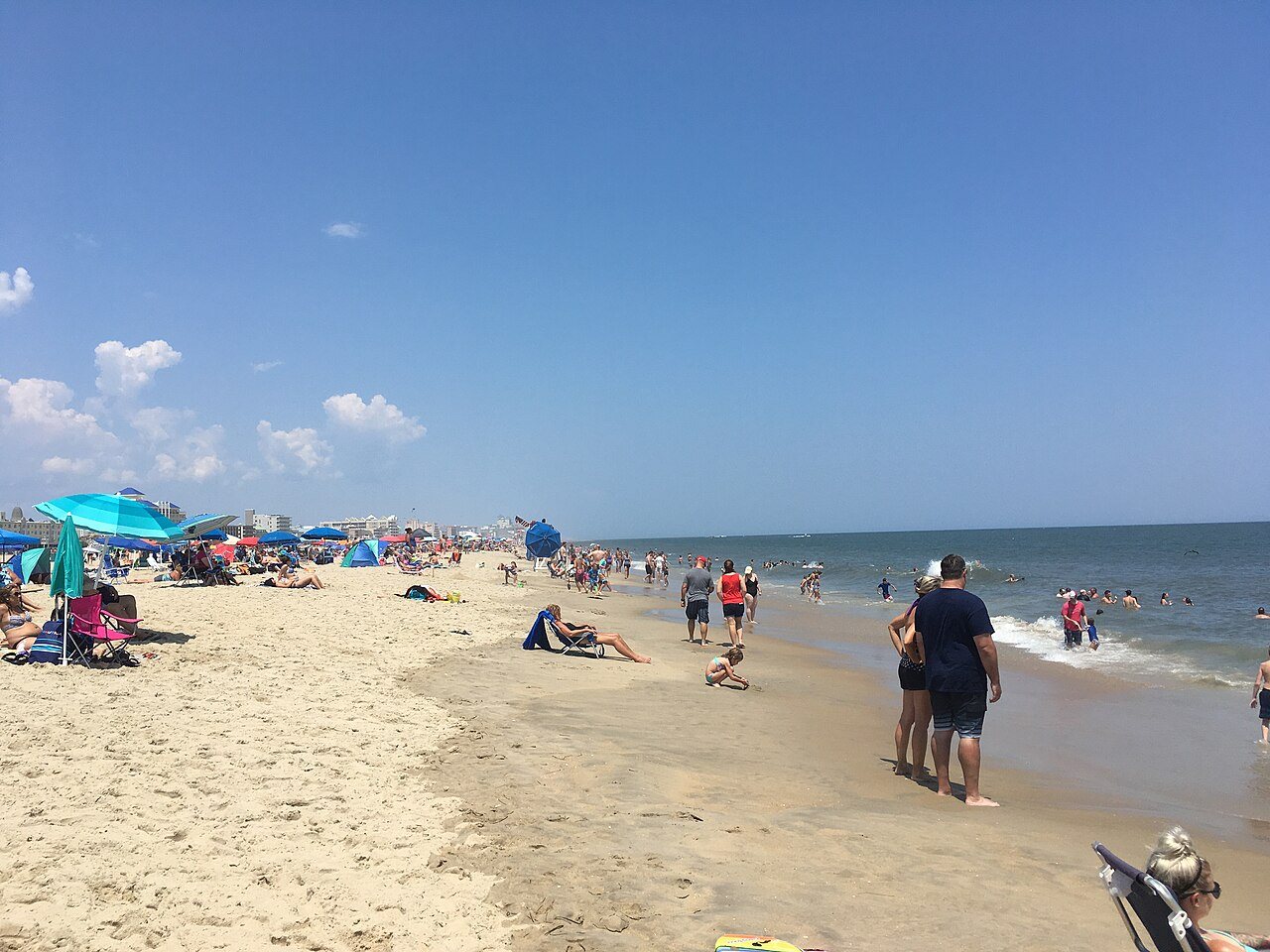 Sunny Ocean City beach with umbrellas, looking north from Somerset Street